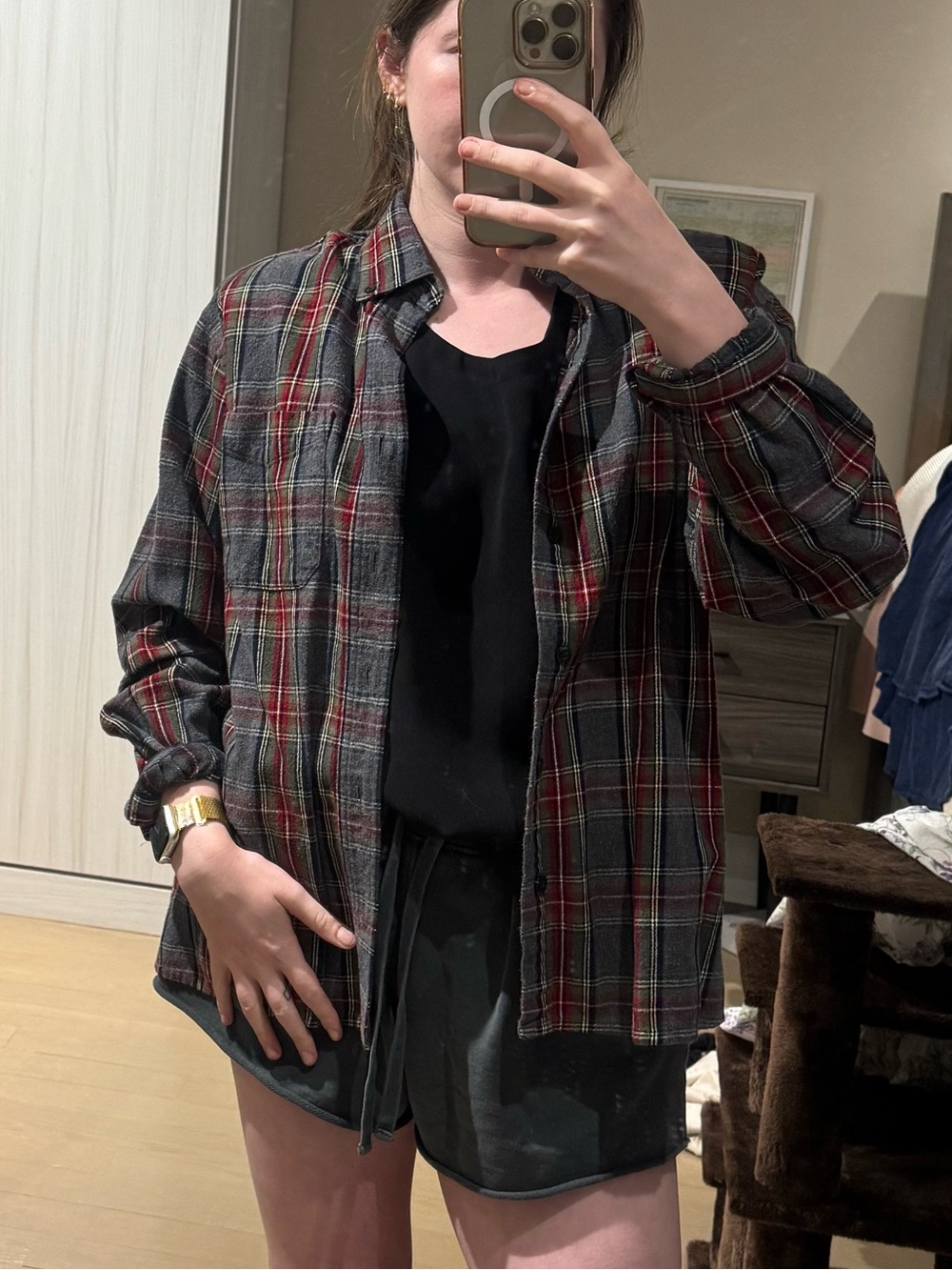 Relaxed Plaid Button-Up Shirt in Black and Red